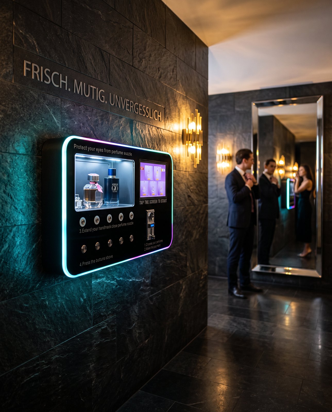 PromilleBox Parfümautomat, an einer eleganten Marmorwand in einer Lounge montiert, mit farbiger LED-Beleuchtung